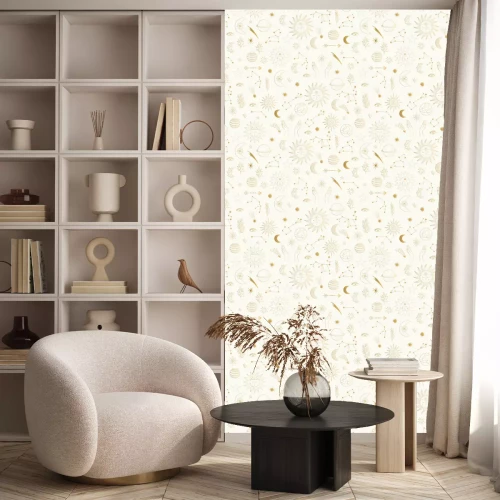 Behang Gold foil pattern with cute hand drawn sun, planet, moon star. Mystic solar design. Vector illustration.