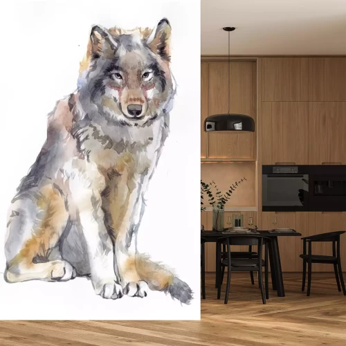 Sticker Watercolor single wolf animal isolated on a white background illustration.