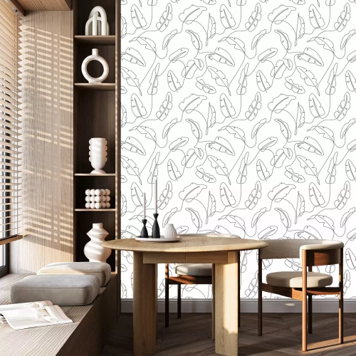 Behang Zwart-witte tropische bladeren in line art stijl