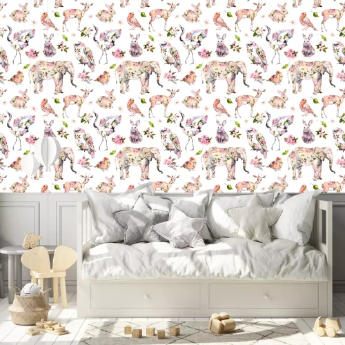 Behang Leuke dieren in roze Lentebloemen. Naadloze bloemmotief. Vrouwelijke, meisjesachtige aquarel