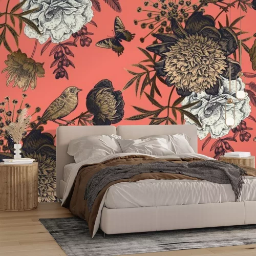 Fotobehang Pioenrozen op een koraalachtergrond