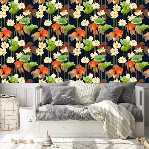 Behang Seamless pattern with white lotus and fish