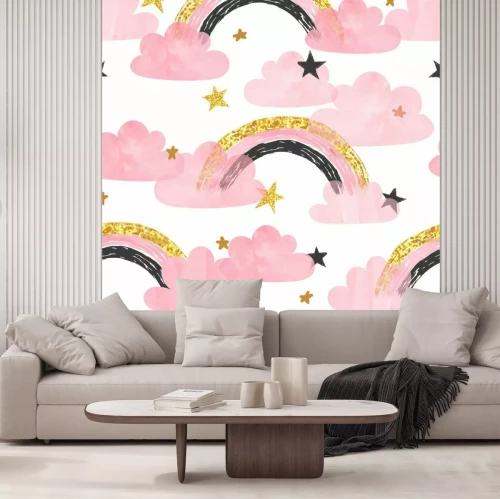 Sticker Regenbogen tussen roze wolken en sterren