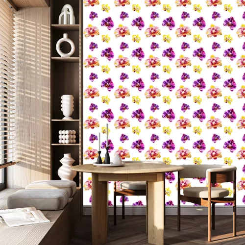 Behang Seamless pattern from orchid flowers. Watercolor painting. Exotic plant. Floral print. Botanical composition. Wedding and birthday. Greeting card. Flower painted background. Hand drawn illustration.