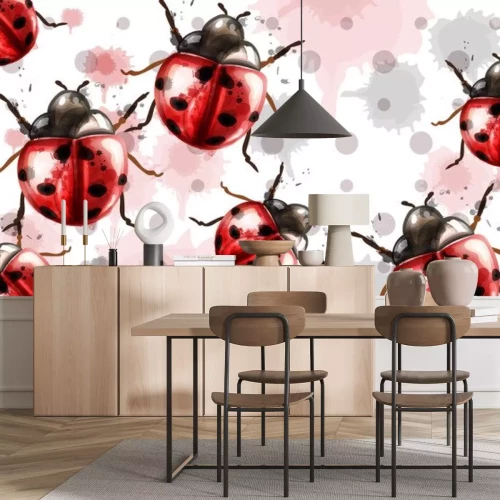 Sticker Lieveheersbeestjes op aquarel achtergrond