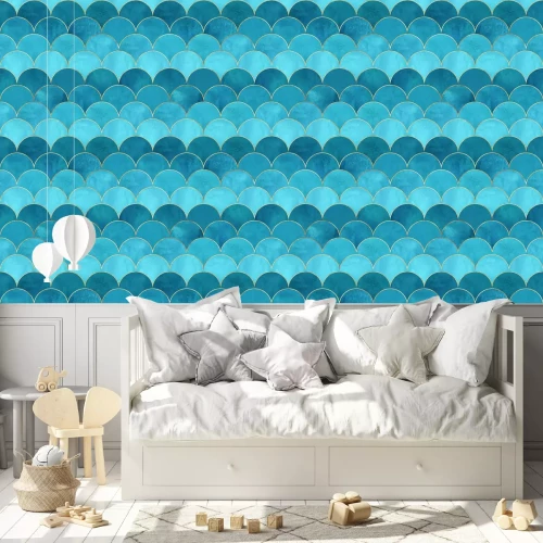 Behang Blauw patroon met zeemeermin motief