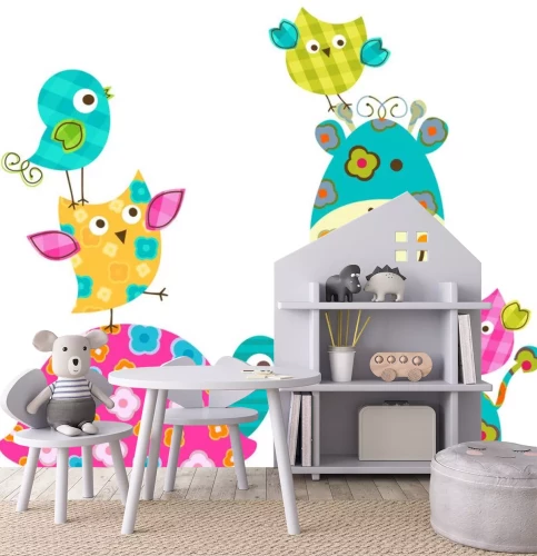Sticker Schildpad en giraf omgeven door kleurrijke vogels