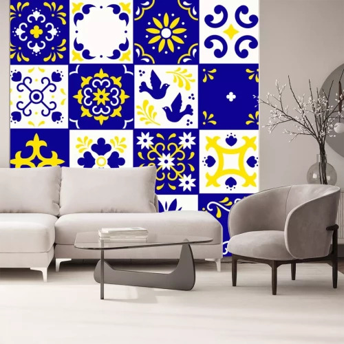 Sticker Mexican talavera pattern. Ceramic tiles with flower, leaves and bird ornaments in traditional style from Puebla. Mexico floral mosaic in blue, yellow and white. Folk art design.