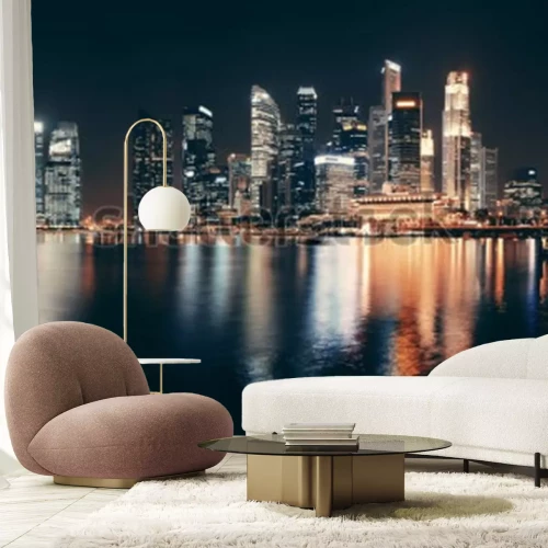 Fotobehang De horizon van Singapore bij nacht met stedelijke gebouwen