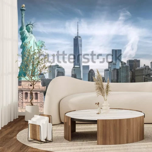 Fotobehang Het Vrijheidsbeeld met World Trade Center-achtergrond, Oriëntatiepunten van de Stad van New York