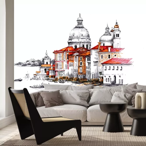 Sticker Waterverfcityscape met huizenillustratie