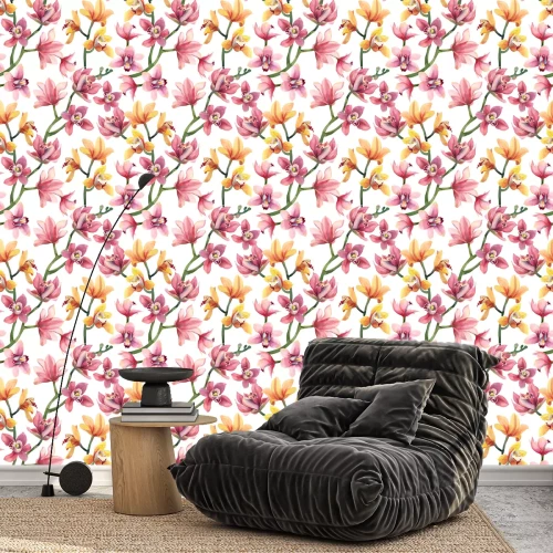 Behang Seamless pattern of yellow, rose orchid flowers and leaves isolated on white background.