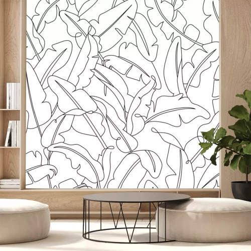 Sticker Tropical leaves seamless pattern. Hand drawn outline banana leaf background. Modern line art, aesthetic contour. Vector illustration, black and white design    