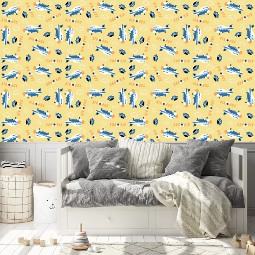 Behang vector cartoon seamless pattern with plane, pilot hat, clouds