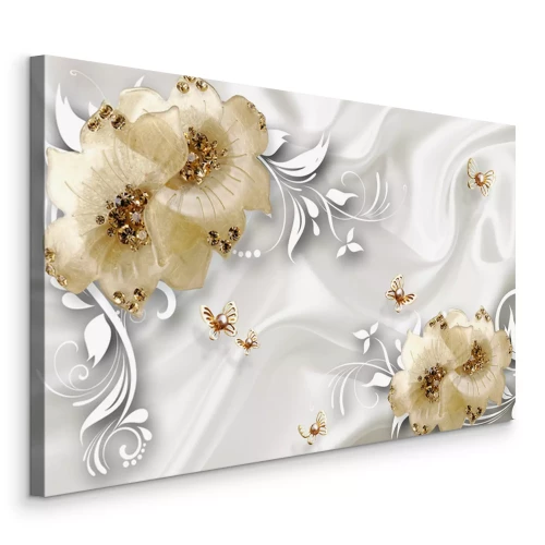 Canvas 3D gouden bloemen en witte bladeren op abstracte achtergrond