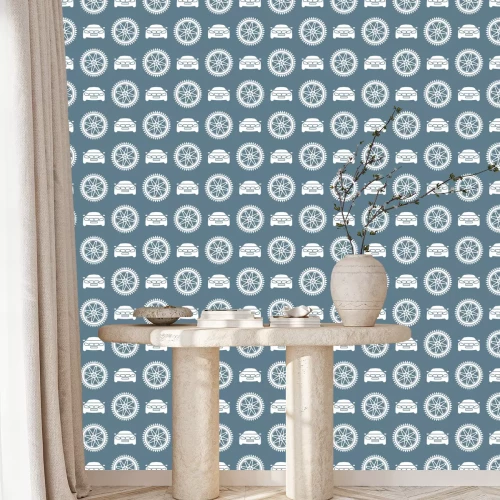 Behang Seamless pattern with cars and wheels.