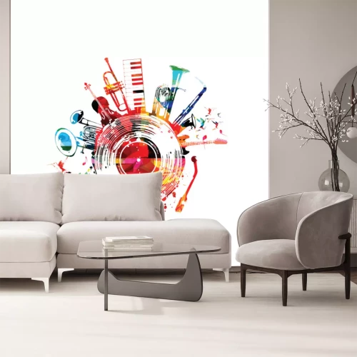 Sticker Music background with colorful music instruments and vinyl record disc vector illustration. Music festival poster with double bell euphonium, violoncello, trumpet, piano, euphonium, sax and guitar