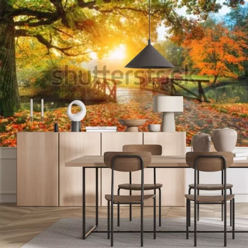 Fotobehang Herfstlandschap zonsopgang in het park