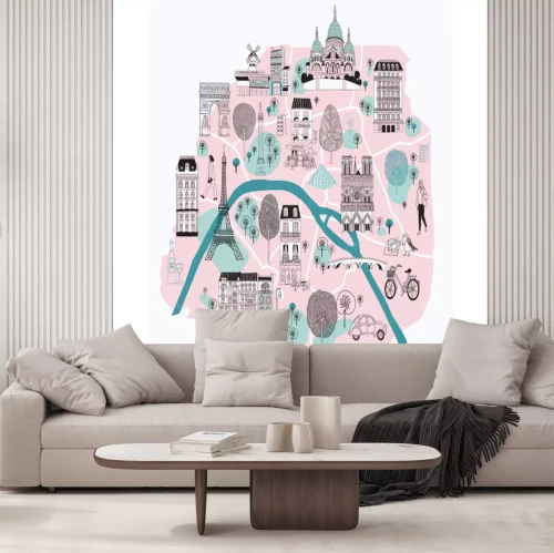 Sticker Geïllustreerde kaart van Parijs met legendarische symbolen