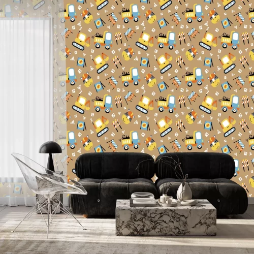 Behang seamless pattern cartoon of construction vehicles, construction signs  with a zebra the funny worker