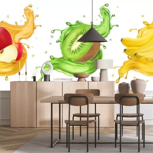 Sticker Banana, kiwi and apple fruit juice splashes realistic vector icon set