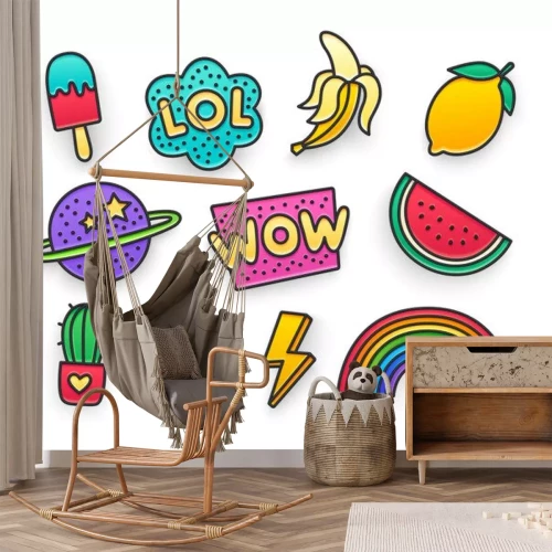 Sticker Eenvoudige kleurrijke symbolen met een vrolijk karakter