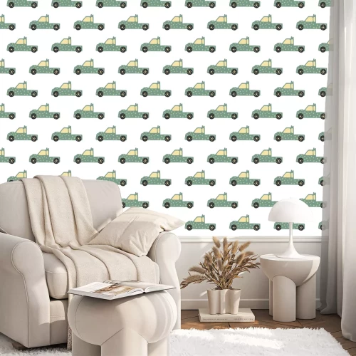 Behang Truck seamless pattern. Doodle cars vector illustration.