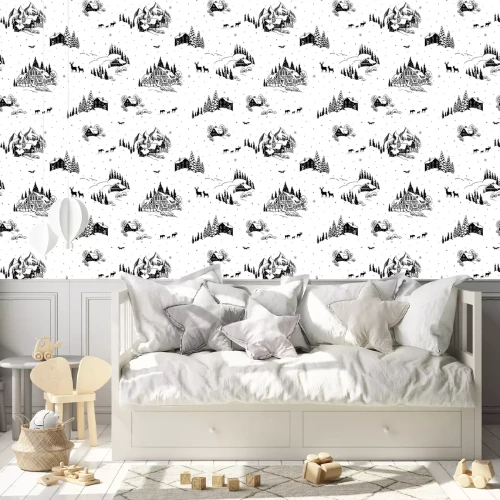 Behang Seamless pattern with drawing winter landscape, houses, chalets and animals. Vector Christmas illustration in vintage style.