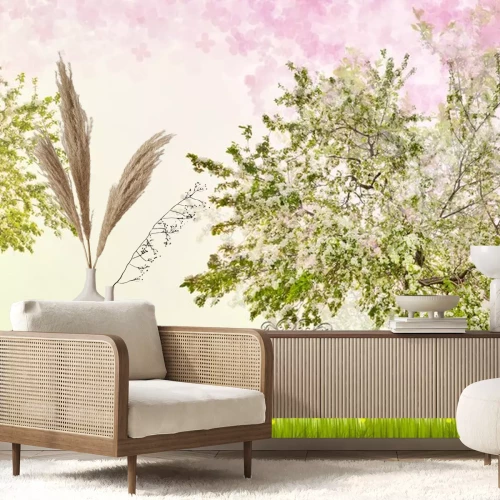 Sticker bankje onder appelboom met bloemen