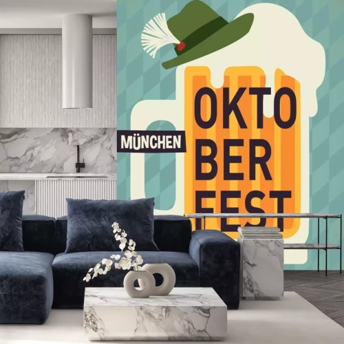 Sticker Oktoberfest party poster illustration with mug of beer and blue and hat party background. Vector celebration flyer template for traditional German beer.