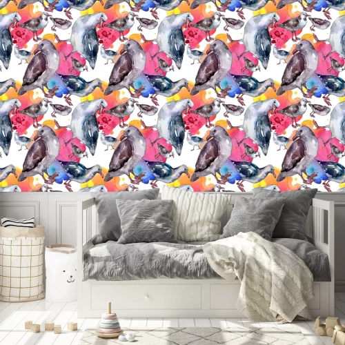 Behang Kleurrijke vogels geschilderd met waterverf