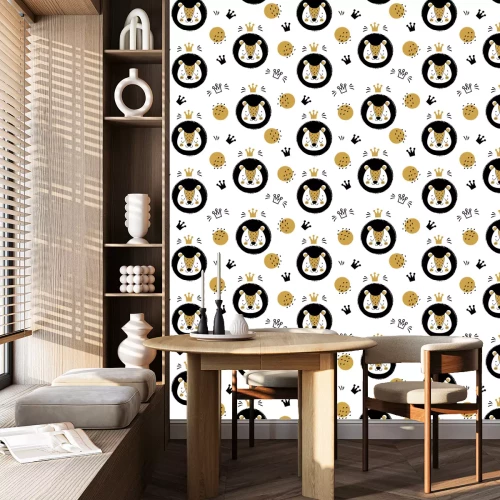 Behang Cute lion face and crowns. Seamless pattern, background with cartoon animal in scandinavian style