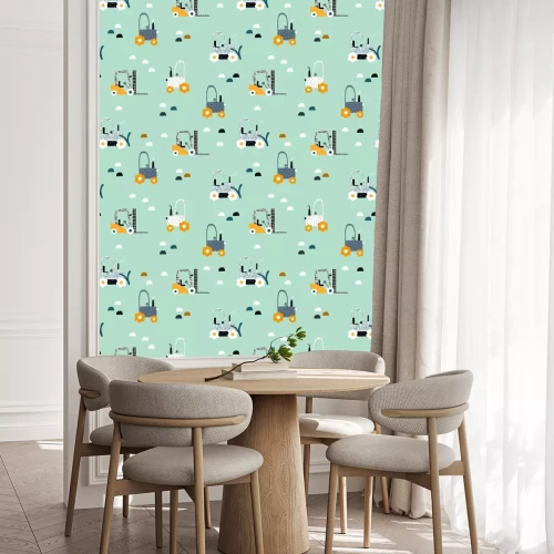 Behang Seamless pattern with tractor and bulldozer. Funny kids print. Vector hand drawn illustration.