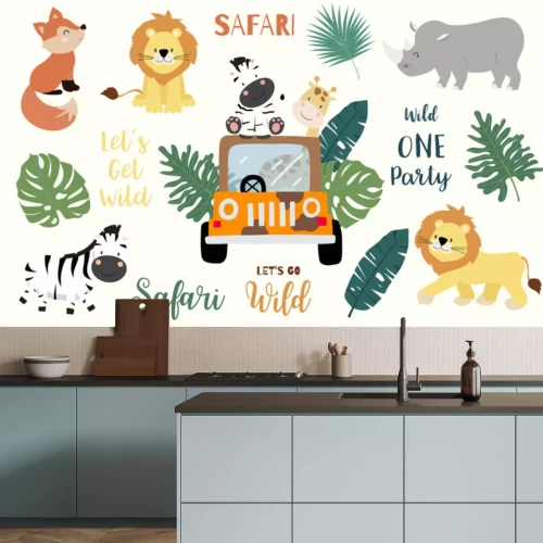 Sticker Safari object set with fox,giraffe,zebra,lion,leaves,car. illustration for logo,sticker,postcard,birthday invitation.Editable element