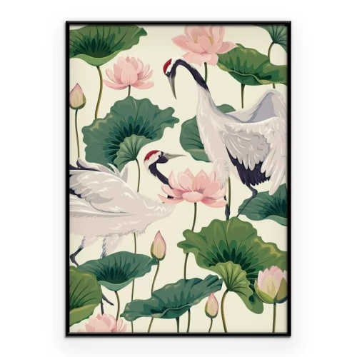 Poster Patroon met lotusbloemen en kraanvogels