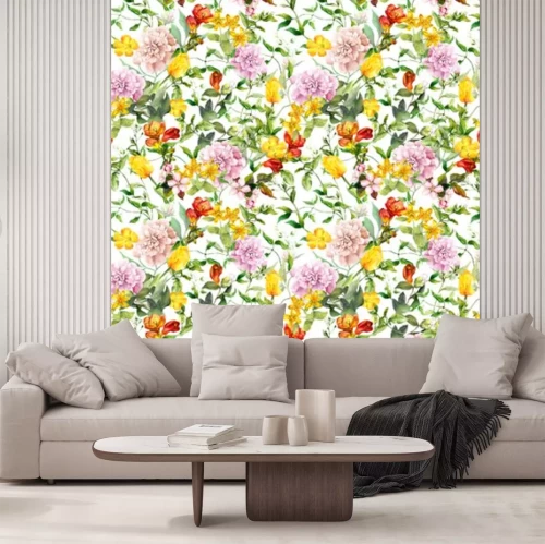 Fotobehang Kleurrijke bloemen met groene bladeren in aquarelstijl