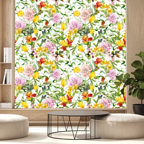 Fotobehang Kleurrijke bloemen met groene bladeren in aquarelstijl
