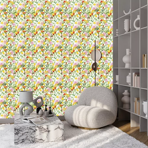 Behang Kleurrijke bloemen met groene bladeren in aquarelstijl