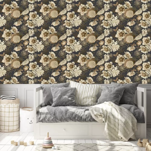 Behang Bloemen en vogels in brons en imitatie goud