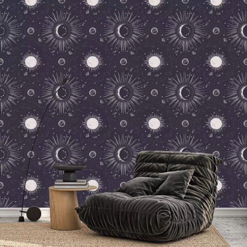 Behang Seamless pattern. Signs of the zodiac, phases of the moon, sun and moon. Engraving style. Vintage background.