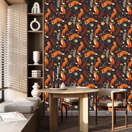 Behang foxes walk in grass and flowers