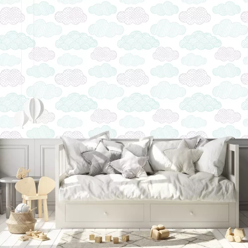 Behang Doodle clouds vector seamless pattern. Hand drawn graphic tileable background. 