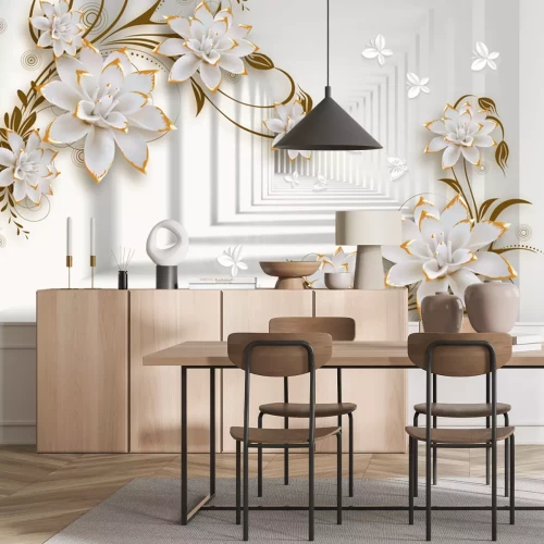 Fotobehang 3d mural illustration background with golden jewelry and flowers , circles  decorative wallpaper