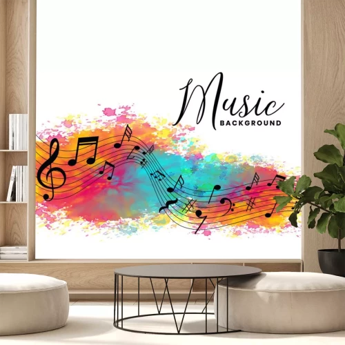 Sticker abstract watercolor music background with notes symbols