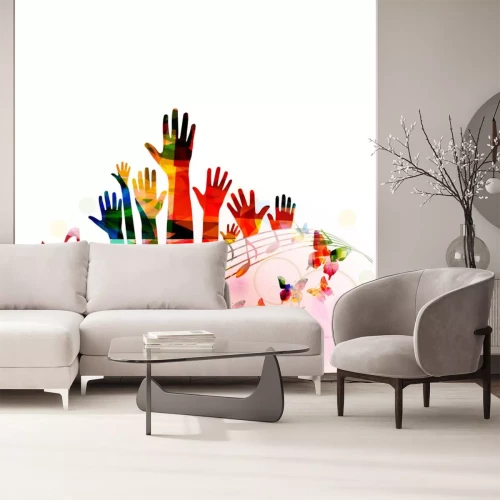 Sticker Colorful music background with human hands raised and music notes isolated vector illustration design. Artistic music festival poster, live concert events, party flyer, music notes signs and symbols