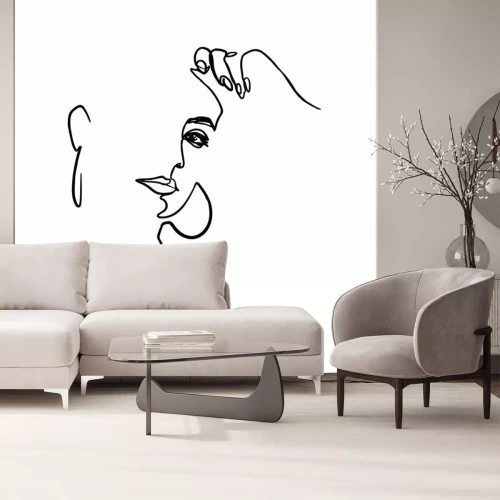 Sticker One Line Woman's Face and Hand. Continuous line Portrait of a girl In a Modern Minimalist Style. Vector Illustration young female. For printing on t-shirt, Web Design, beauty Salons, Posters