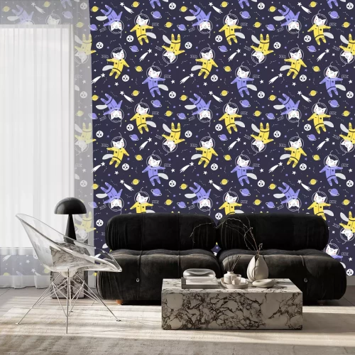 Behang Seamless pattern with cute fox astronaut, planets, stars and comets. Space Background for Kids. Vector