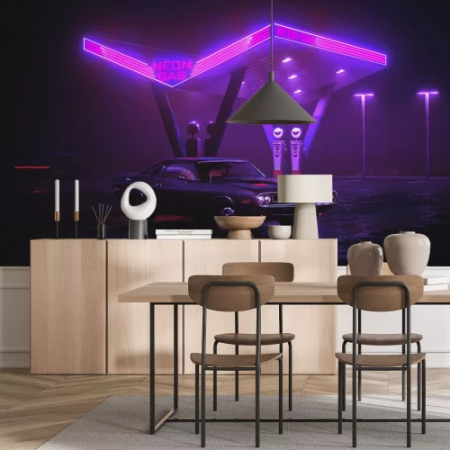 Sticker 3D illustration of retro car and gas station