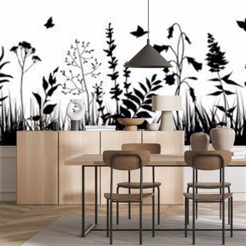 Sticker Zwart-witte bloemen en kruiden in de wei