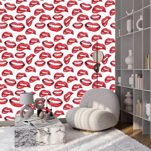 Behang Rode lippen op een witte achtergrond in de stijl van pop-art